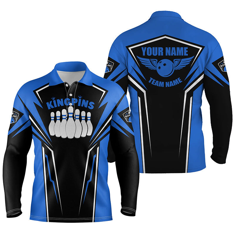 Bowlinghemden für Männer, personalisierter Name und Teamname, King Pins Bowling-Trikots, Bowling-Teamhemden | Blau NQS4522