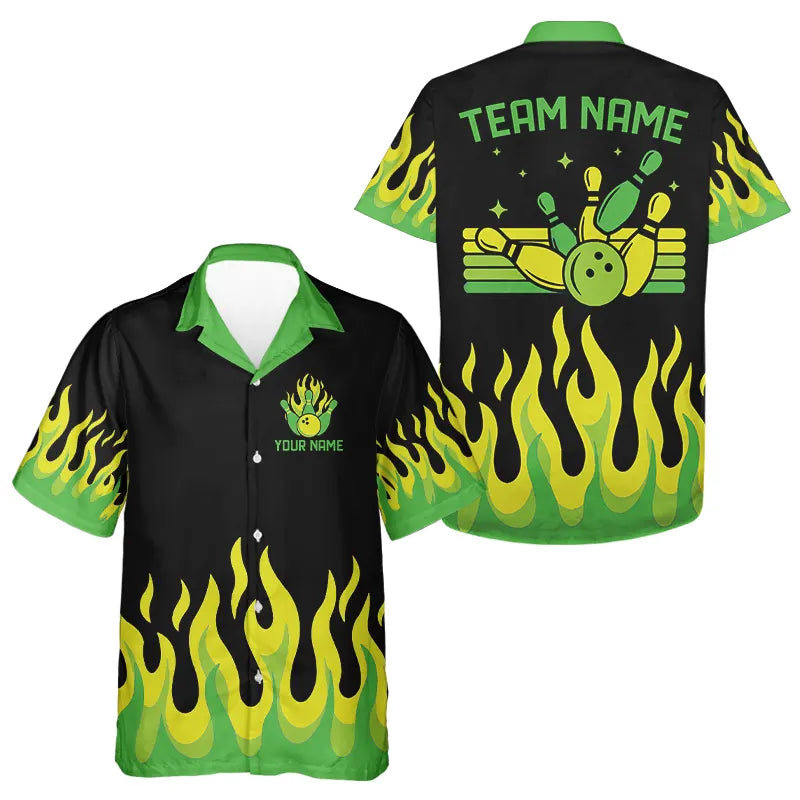 Schwarz-Grün Flammen Retro-Bowling-Hawaiihemd – Maßgeschneiderte Team-Bowling-Knopfhemden NQS9156