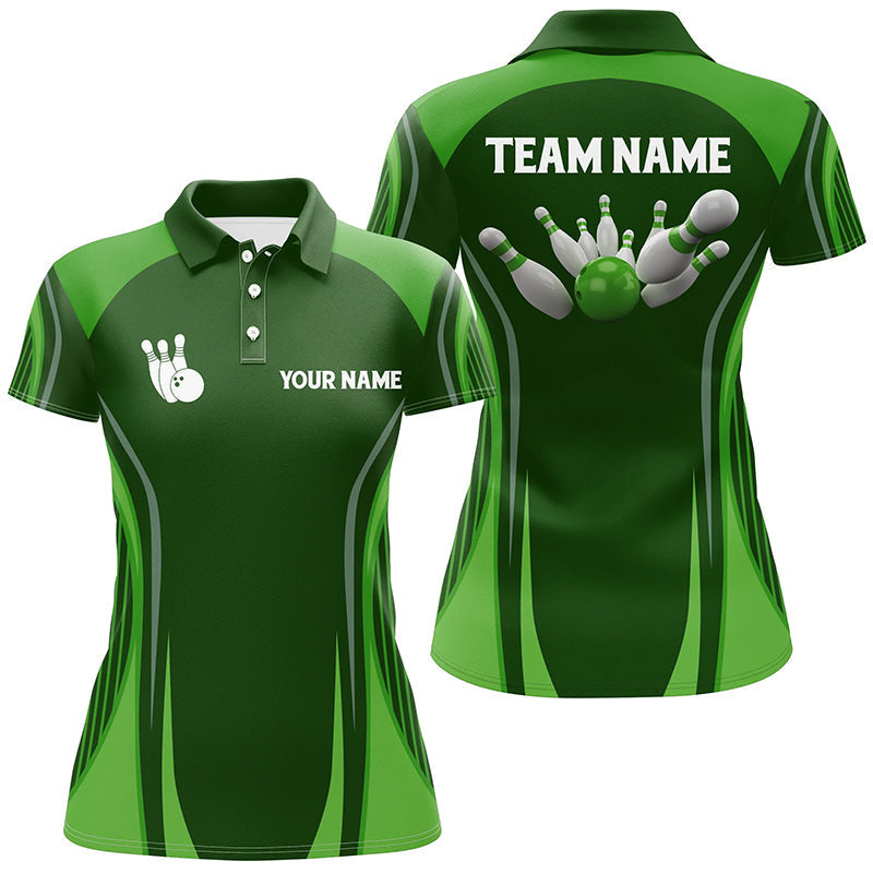 Bowling-Poloshirts für Damen – Individuelle Bowlingkugel & Pins, Grüne Vintage-Bowling-Team-Trikots NQS6392