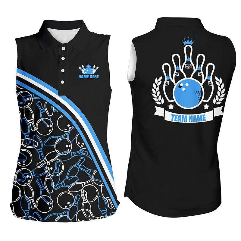 Personalisierte ärmellose Bowling-Poloshirts, personalisierter Name, schwarz-blaues Bowlingmuster, Bowling-Teamtrikots NQS5277