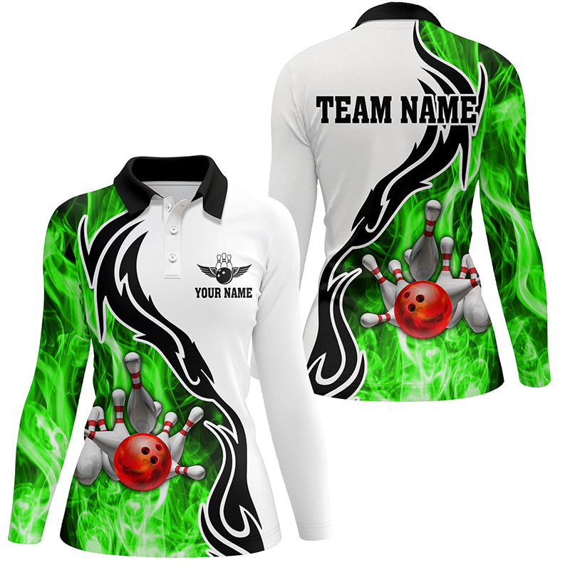 Damen-Bowling-Poloshirt – Individuelle Bowlingkugel & Pins, „Strike“-Team-Liga-Trikot, Bowling-Geschenke | Grün NQS6405