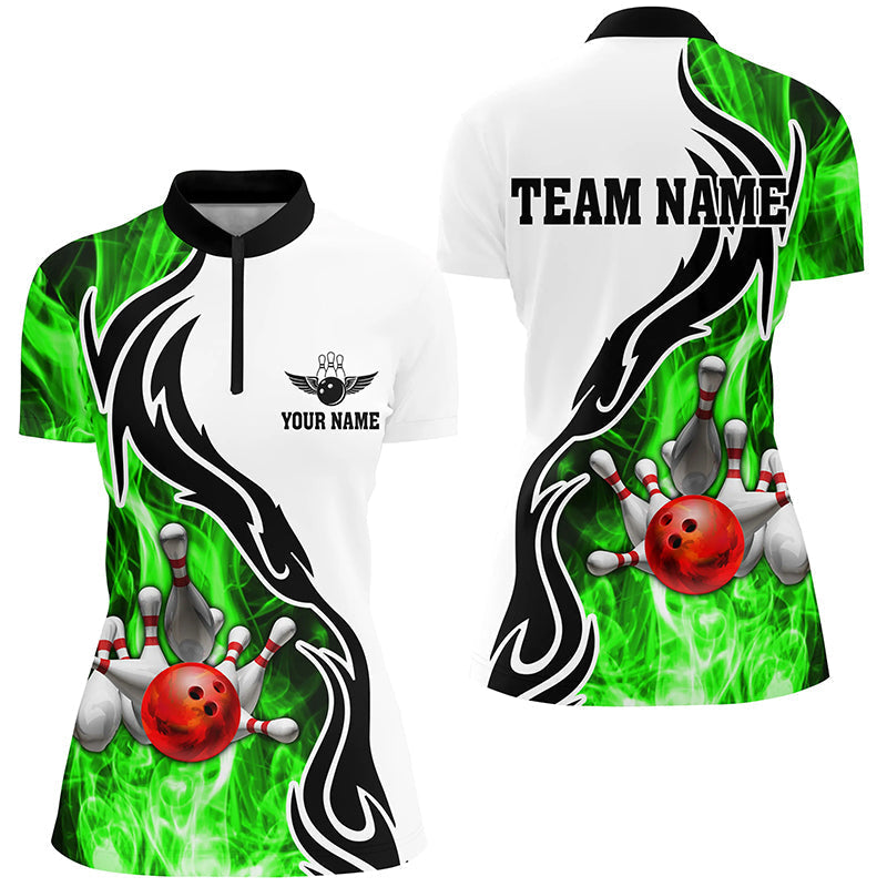 Damen-Bowling-Quarter-Zip-Shirt – Individuelle Bowlingkugel & Pins, „Strike“-Team-Liga-Trikot, Bowling-Geschenk | Grün NQS6405