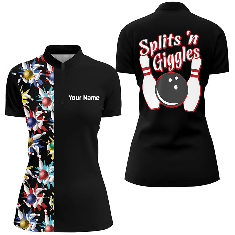 Splits 'n Giggles“-Schwarze Quarter-Zip-Shirts für Damen – Personalisierte Vintage-Bowling-Shirts für Damen NQS5521
