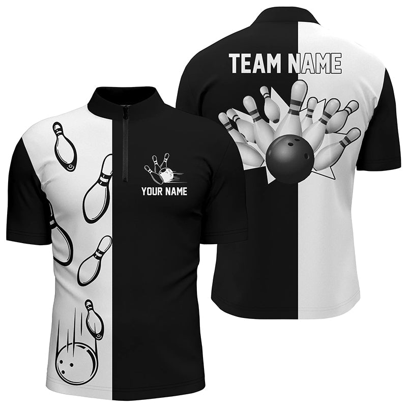 Schwarz-weiße Retro-Bowlinghemden mit Viertelreißverschluss für Männer, personalisierte Bowling-Teamtrikots NQS5012