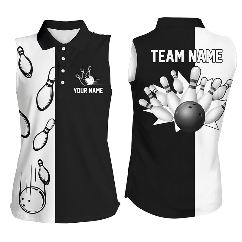Schwarz-weiße Retro-ärmellose Bowling-Poloshirts für Frauen, personalisierte Bowling-Teamtrikots NQS5012