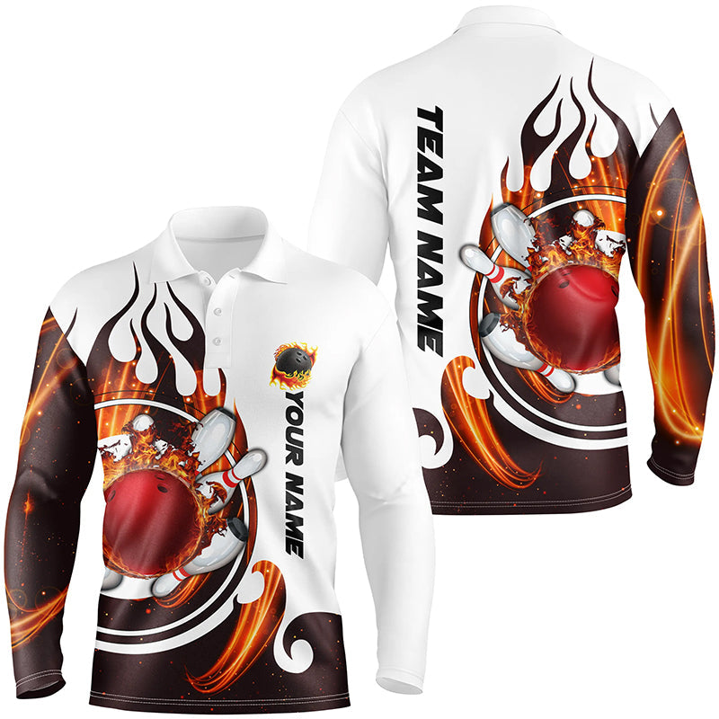Weiße Bowling-Poloshirts für Herren – Individuelle Flammen-Bowlingkugel & Pins, Trikots NQS6449