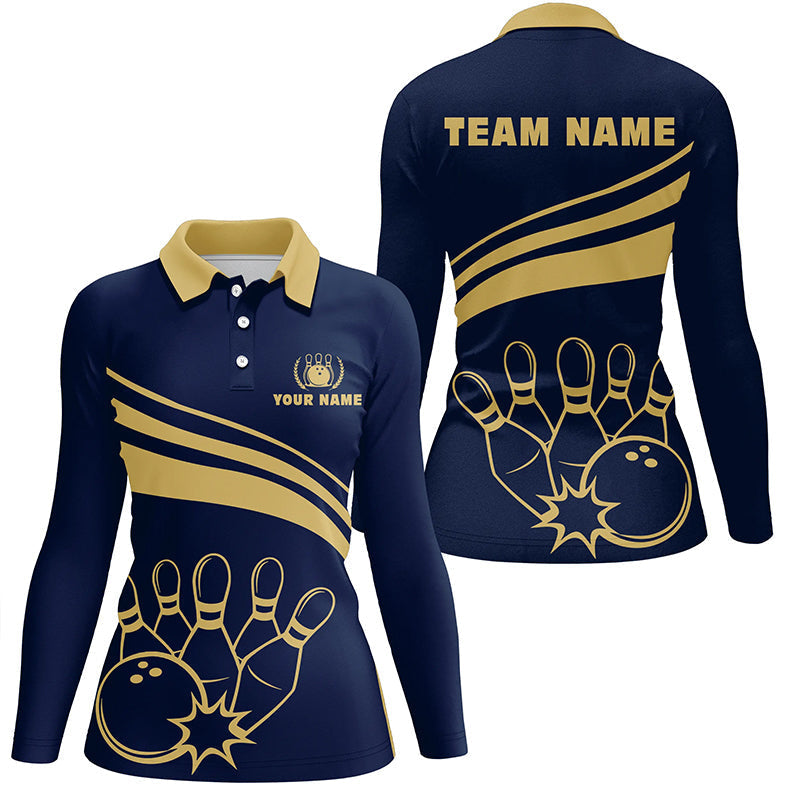 Personalisierte Bowling-Poloshirts für Damen – Individuelle Goldene Bowling-Shirts für Damen Team-Trikot | Navy NQS6707