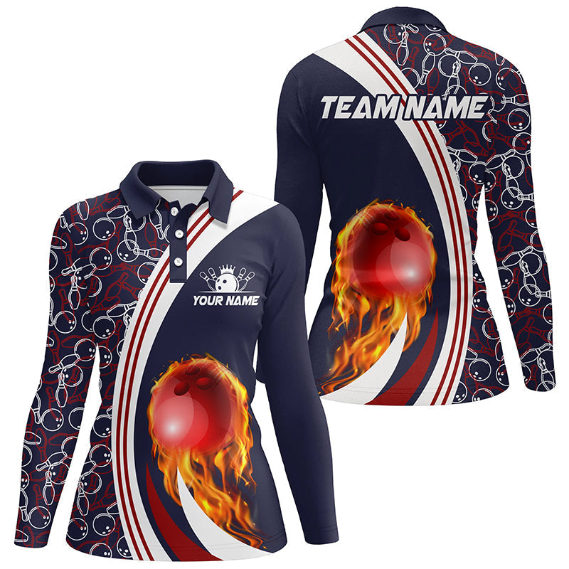 Bowling-Poloshirts für Damen – Individuelles Camo-Flammen-Bowlingkugel-Feuer Team-Liga-Trikot | Navy NQS6716