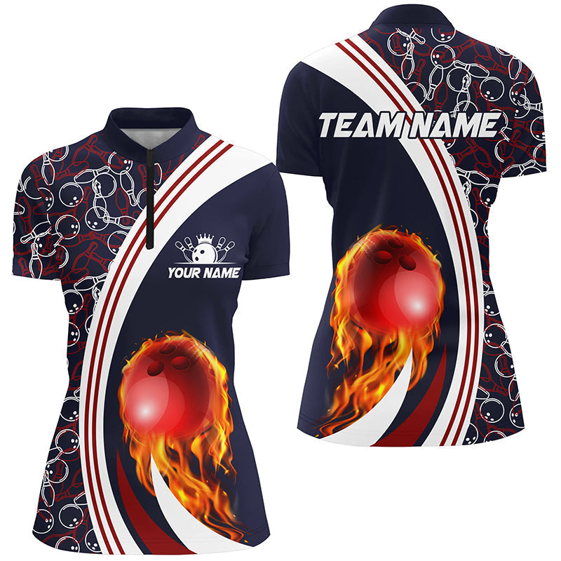 Bowling-Quarter-Zip-Shirt für Damen – Individuelles Camo-Flammen-Bowlingkugel-Feuer Team-Liga-Trikot | Navy NQS6716