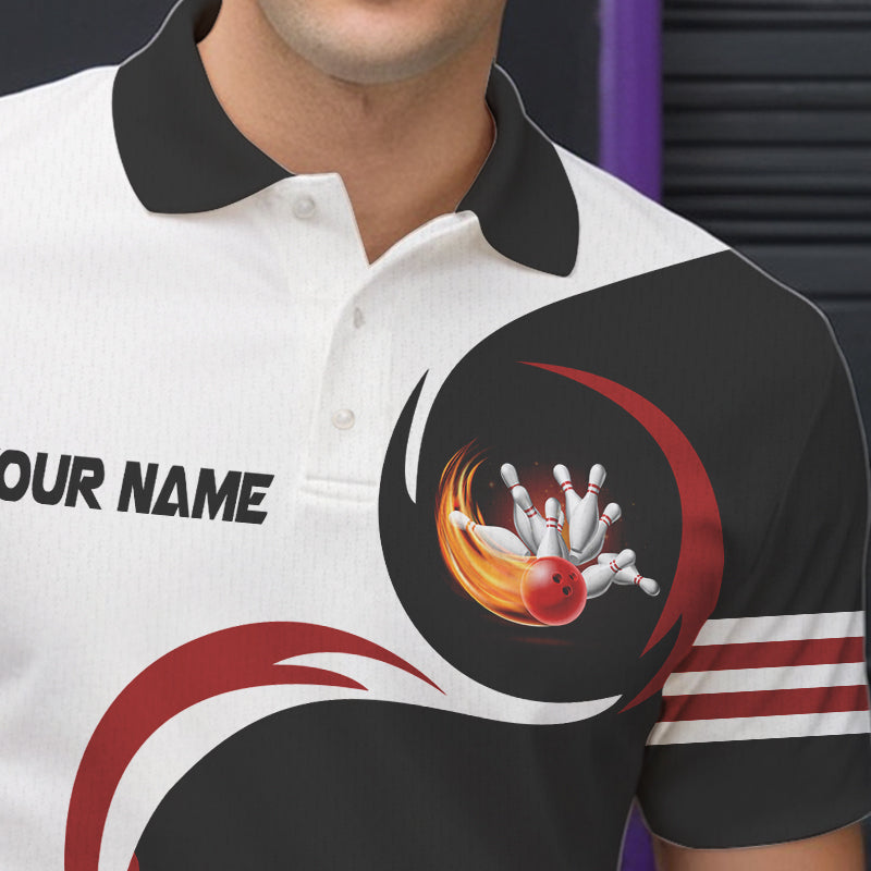 Schwarz-Weiße Bowling-Poloshirts für Herren – Individuelles Flammen-Bowlingkugel-Feuer Strike Team-Liga-Trikot NQS6717