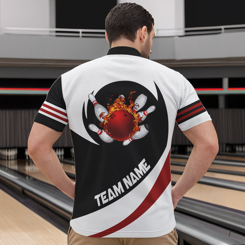 Schwarz-Weiße Bowling-Quarter-Zip-Shirts für Herren – Individuelles Flammen-Bowlingkugel-Strike Team-Liga-Trikot NQS6717
