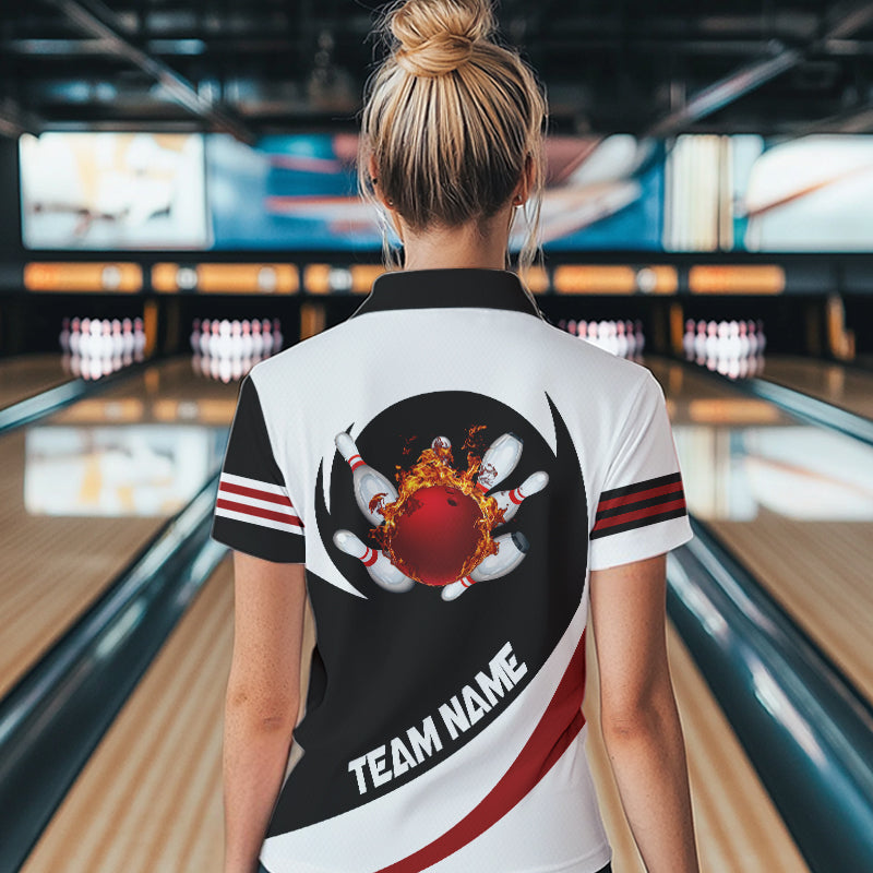 Schwarz-Weiße Bowling-Quarter-Zip-Shirts für Damen – Individuelles Flammen-Bowlingkugel-Strike Team-Liga-Trikot NQS6717