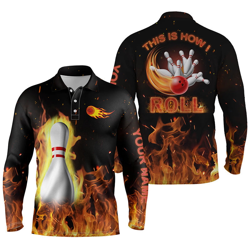 Personalisierte Bowlinghemden für Männer: "This is how I roll", schwarzes Flammen-Bowlinghemd, maßgeschneiderte Bowling-Trikots NQS4435