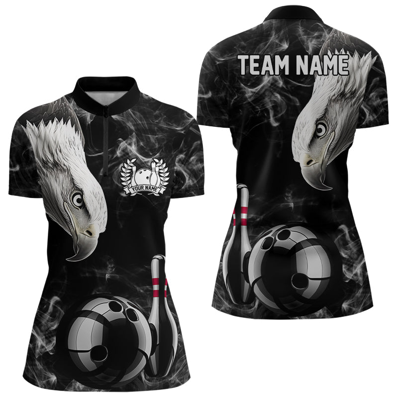 Personalisierte Black Eagle Smoke Bowling-Poloshirts, Quarter-Zip-Shirts für Damen, individuelle Bowling-Team-Trikots mit Adler NQS9049