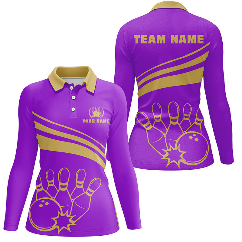 Personalisierte Bowling-Poloshirts für Damen, maßgeschneiderte Bowling-Teamshirts für Damen, Bowl-Trikots | Lila NQS5354