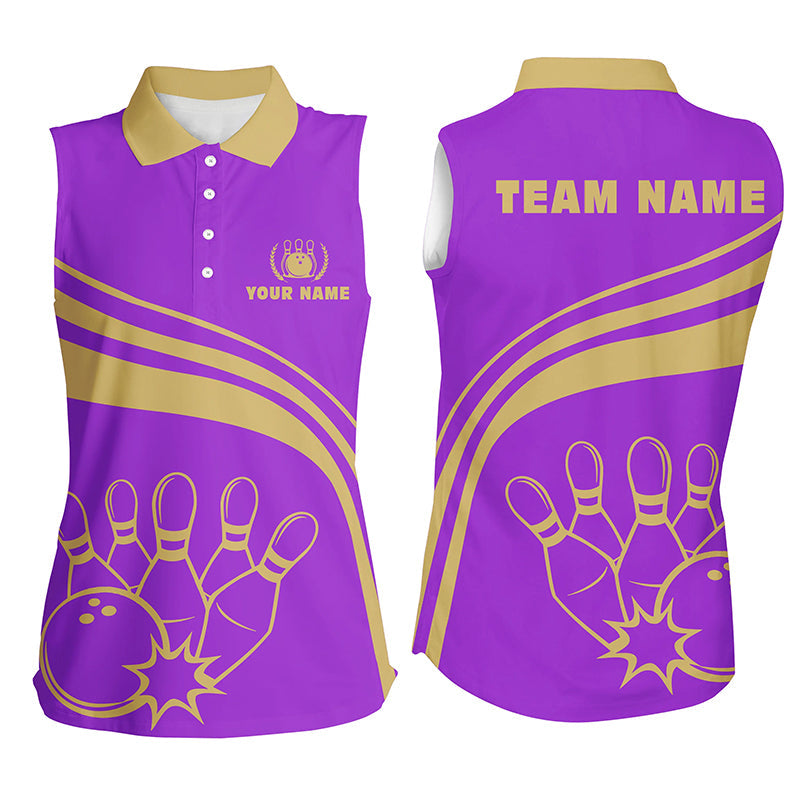 Personalisierte ärmellose Bowling-Poloshirts für Damen, maßgeschneiderte Bowling-Teamshirts für Damen, Bowl-Trikots | Lila NQS5354