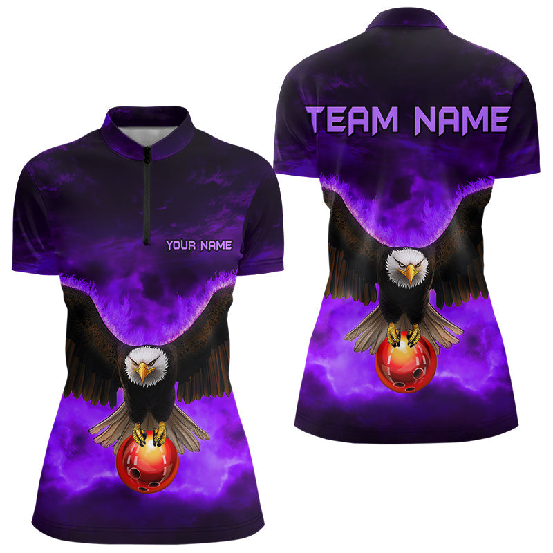 Personalisierte lila Flammenadler Custom Bowling-Team Shirts für Damen, Fire Eagle Bowling League Trikot NQS9615