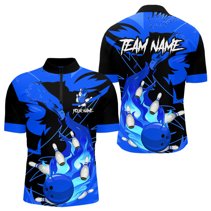 Adler-Flammen-Bowlingkugel und Pins Personalisierte Herren-Bowling-Shirts, Team-Bowling-Trikots | Blau NQS9616