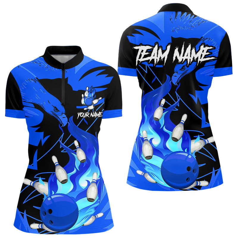 Adler-Flammen-Bowlingkugel und Pins Personalisierte Damen-Bowling-Shirts, Team-Bowling-Trikots | Blau NQS9616
