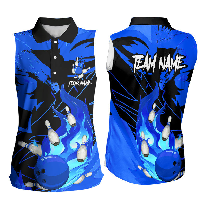 Adler-Flammen-Bowlingkugel und Pins Personalisiertes ärmelloses Bowling-Poloshirt, Team-Bowling-Trikots | Blau NQS9616