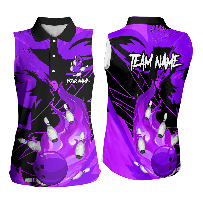 Adler-Flammen-Bowlingkugel und Pins Personalisiertes ärmelloses Bowling-Poloshirt, Team-Bowling-Trikots | Lila NQS9617