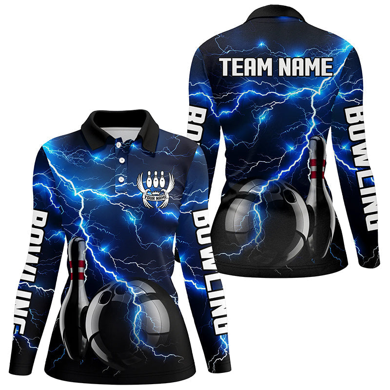 Blaue Blitze Donner Schwarzes Bowling-Poloshirt für Damen, 1/4 Reißverschluss – Maßgeschneiderte Sturm-Bowling-Team-Trikots NQS8386