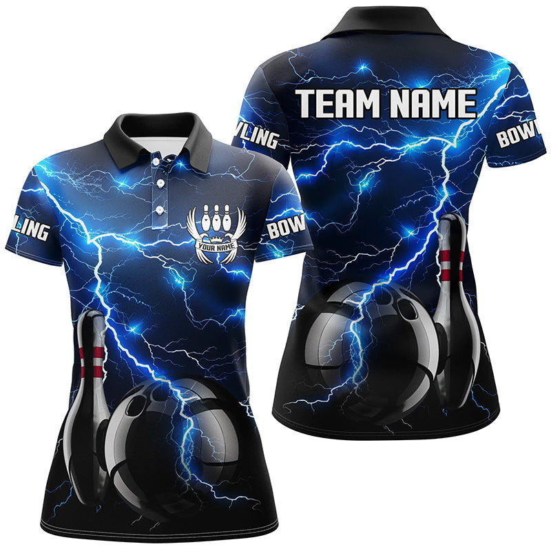 Blaue Blitze Donner Schwarzes Bowling-Poloshirt für Damen, 1/4 Reißverschluss – Maßgeschneiderte Sturm-Bowling-Team-Trikots NQS8386