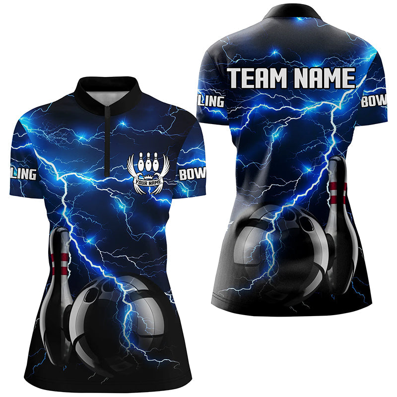 Blaue Blitze Donner Schwarzes Bowling-Poloshirt für Damen, 1/4 Reißverschluss – Maßgeschneiderte Sturm-Bowling-Team-Trikots NQS8386