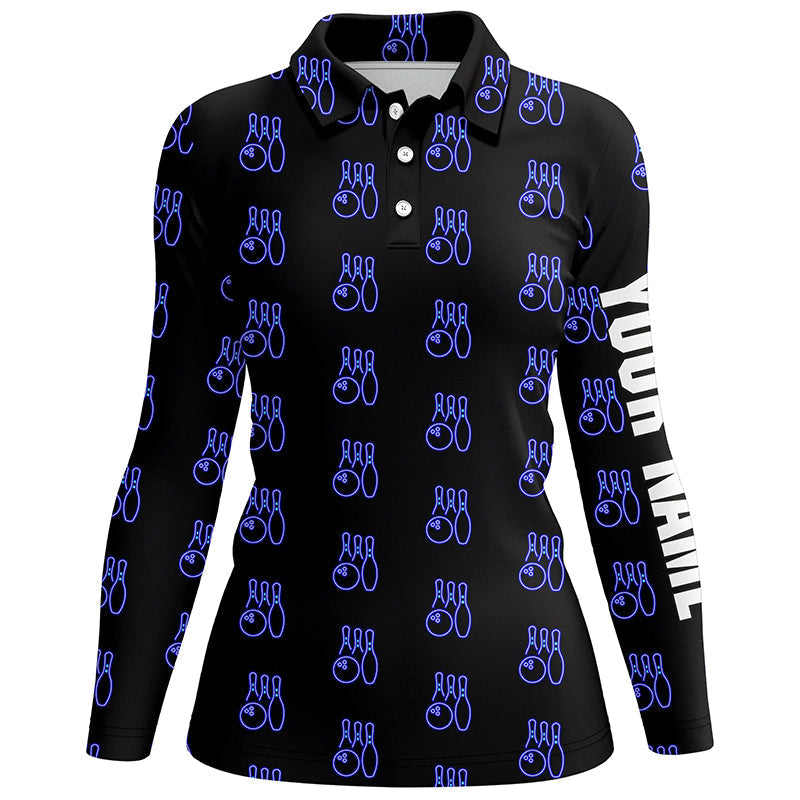 Schwarz-Neon Bowling nahtloses Muster – Individuelle Bowling-Poloshirts für Damen, Bowling-Team-Liga-Trikots NQS6761