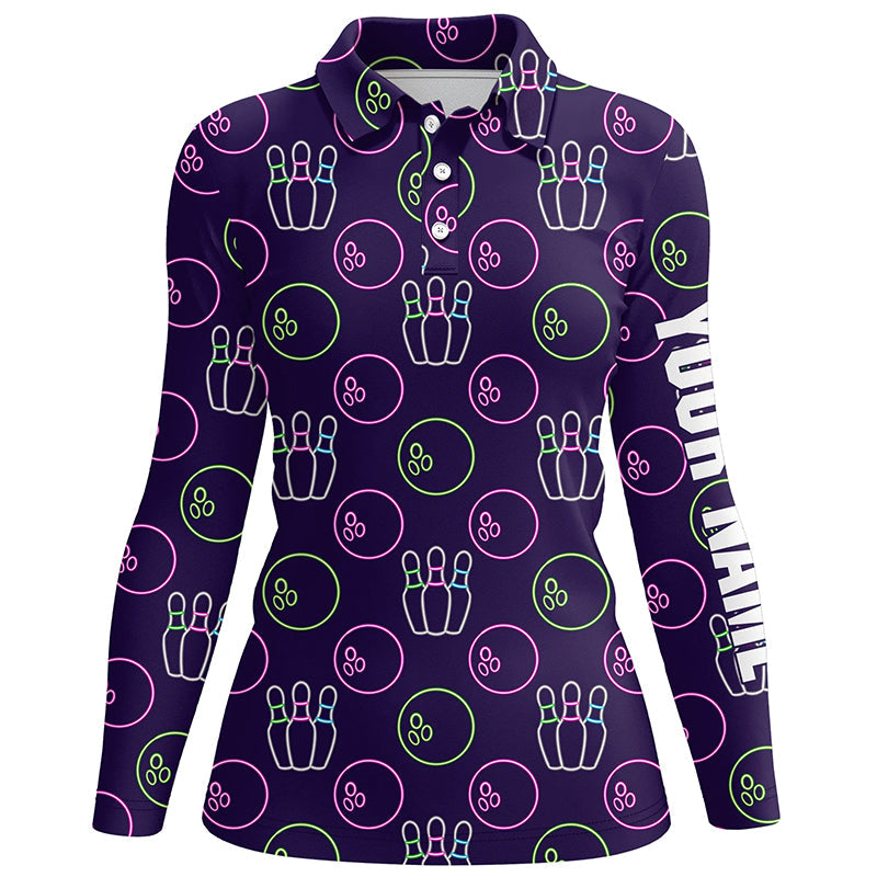 Lila-Neon Bowling nahtloses Muster – Individuelle Bowling-Poloshirts für Damen, Bowling-Team-Liga-Trikots NQS6762