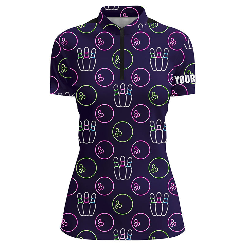 Lila-Neon Bowling nahtloses Muster – Individuelle Damen-Bowling-Quarter-Zip-Shirts, Bowling-Team-Liga-Trikots NQS6762