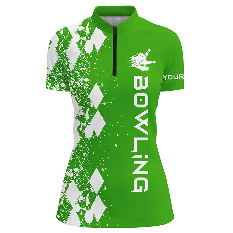 Damen-Bowlinghemd mit Viertelreißverschluss, personalisiertes grünes Bowlinghemd für Damen, personalisierte Bowling-Geschenke NQS5100