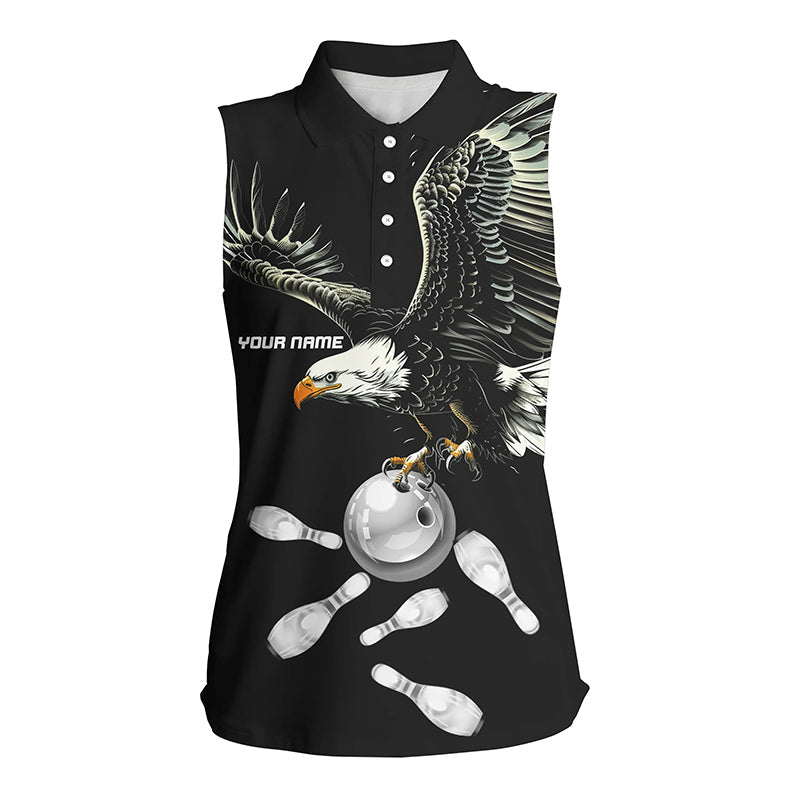Schwarz-weiße Damen ärmellose Poloshirts, maßgeschneiderte Adler Team Bowling-Shirts, Geschenk für Bowling-Spieler NQS7405