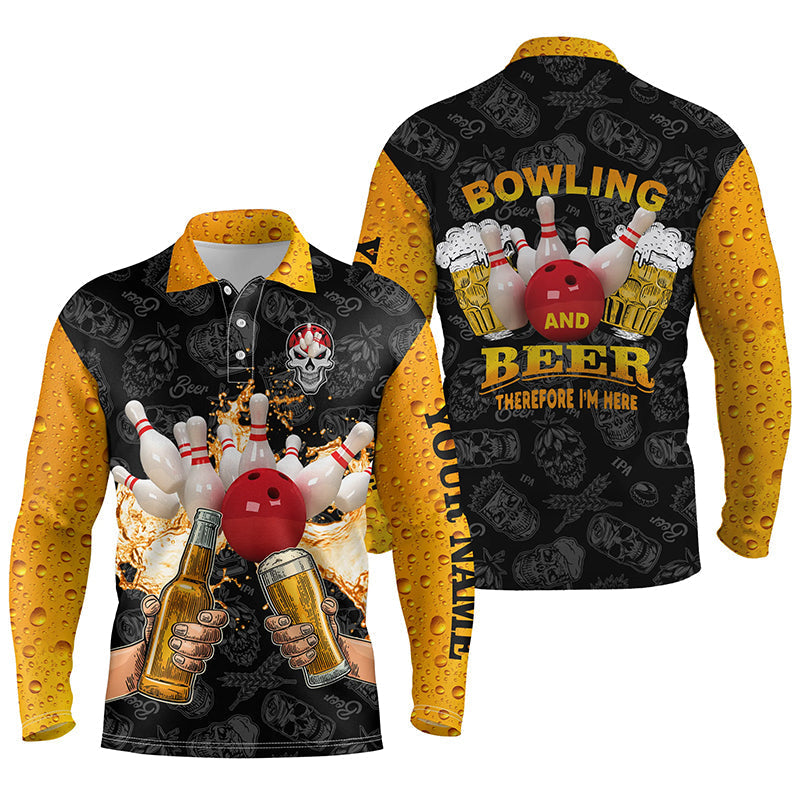 Lustige Bowling-Bier-Schädel-Bowlinghemden für Männer, personalisierter Name, "Bowling und Bier, deshalb bin ich hier" NQS4478
