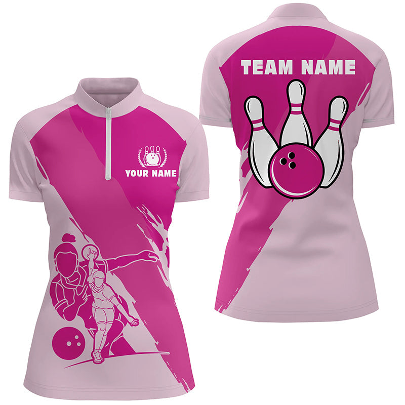 Personalisierte 3D-Bowlinghemden für Damen, maßgeschneidertes pinkfarbenes Kurzarm-Quarter-Zip-Bowlinghemd für Mädchen NQS4691