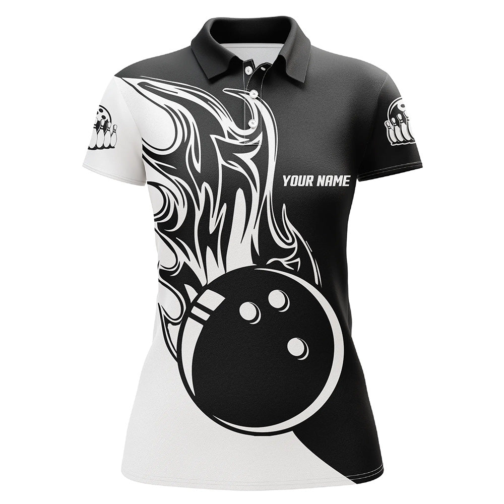 Schwarz-weiße Bowlingkugel & Feuer Poloshirt für Damen – Individuelle Damen-Bowling-Team-Trikots NQS6087