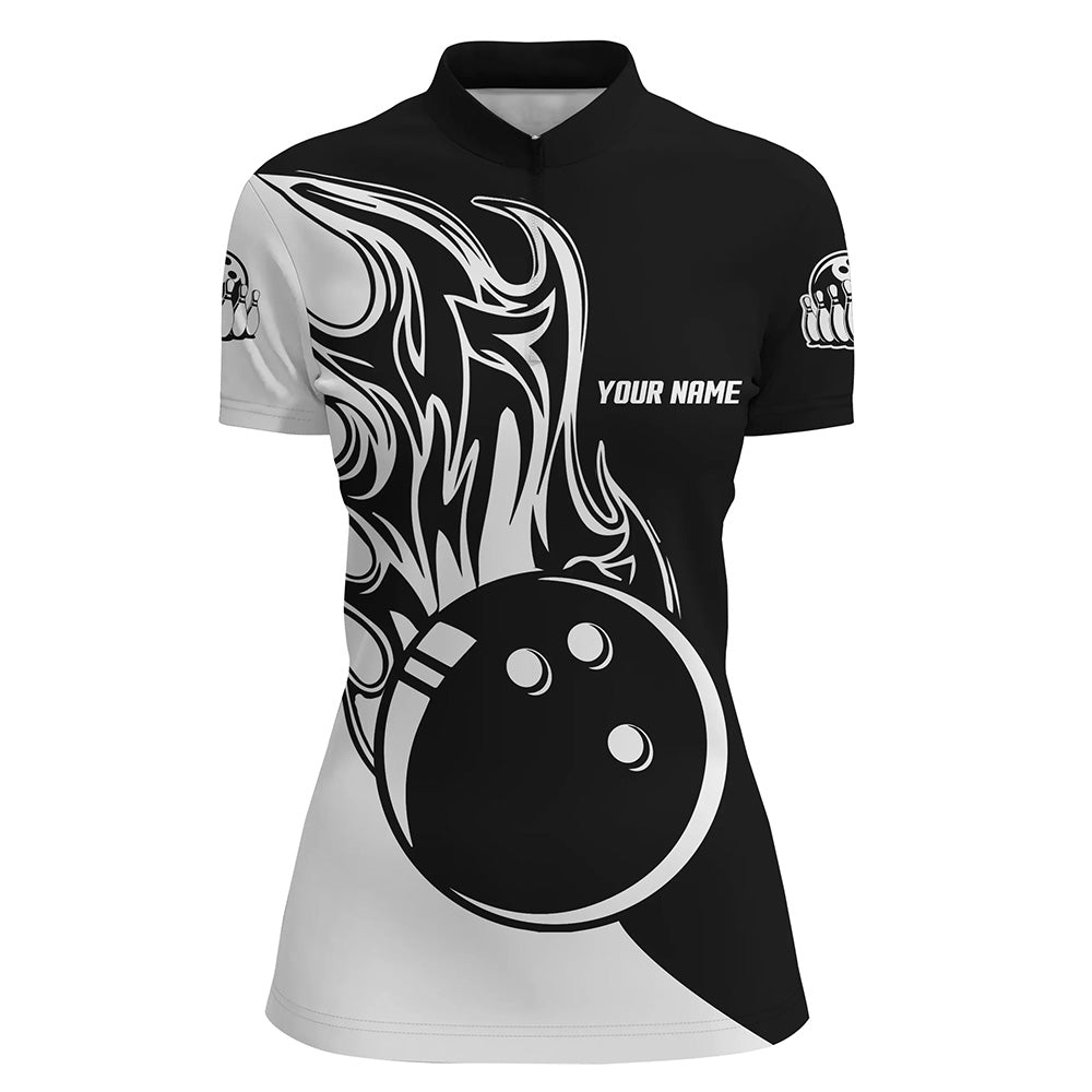 Schwarz-weiße Bowlingkugel & Feuer Quarter-Zip-Shirt für Damen – Individuelle Bowling-Team-Trikots NQS6087