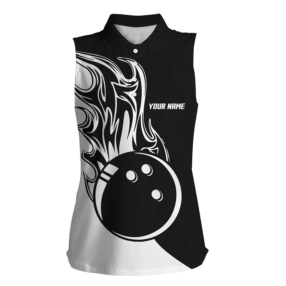 Schwarz-weiße Bowlingkugel & Feuer Ärmelloses Poloshirt für Damen – Individuelle Bowling-Team-Trikots NQS6087