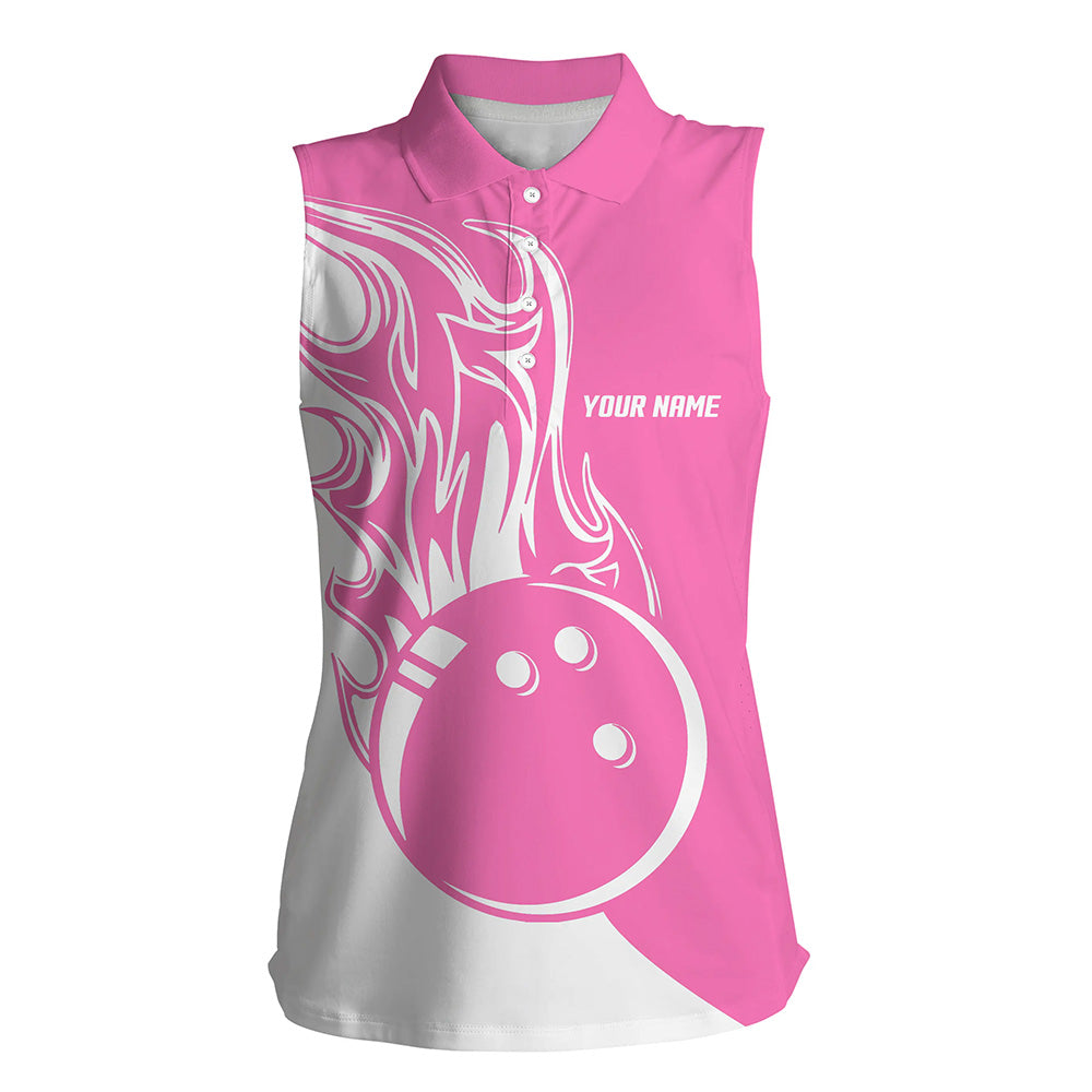 Pink-weiße Bowlingkugel & Feuer Ärmelloses Poloshirt für Damen – Individuelle Bowling-Team-Trikots NQS6088