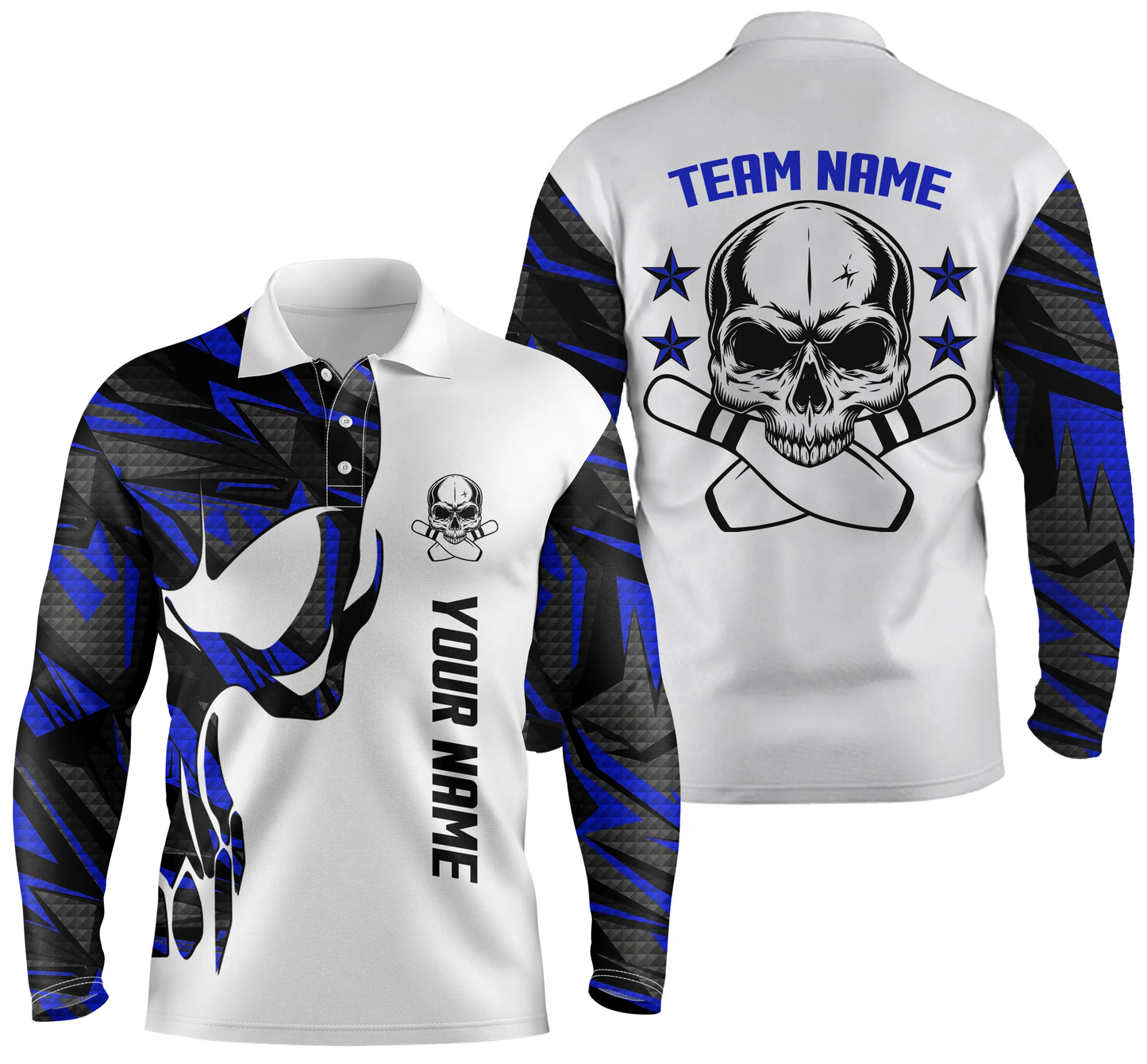Blau-weiße Bowling-Poloshirts für Männer, personalisierter Name und Teamname, Schädel-Bowling, Team-Bowlinghemden NQS4699