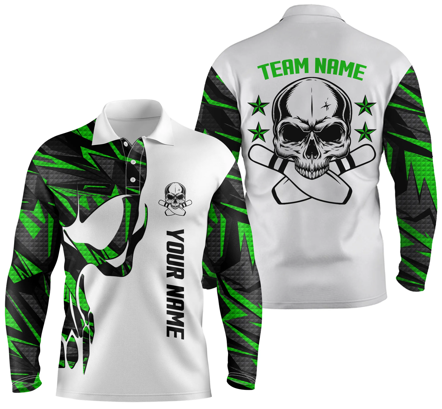 Grün-weiße Bowling-Poloshirts für Männer, personalisierter Name und Teamname, Schädel-Bowling, Team-Bowlinghemden NQS4699