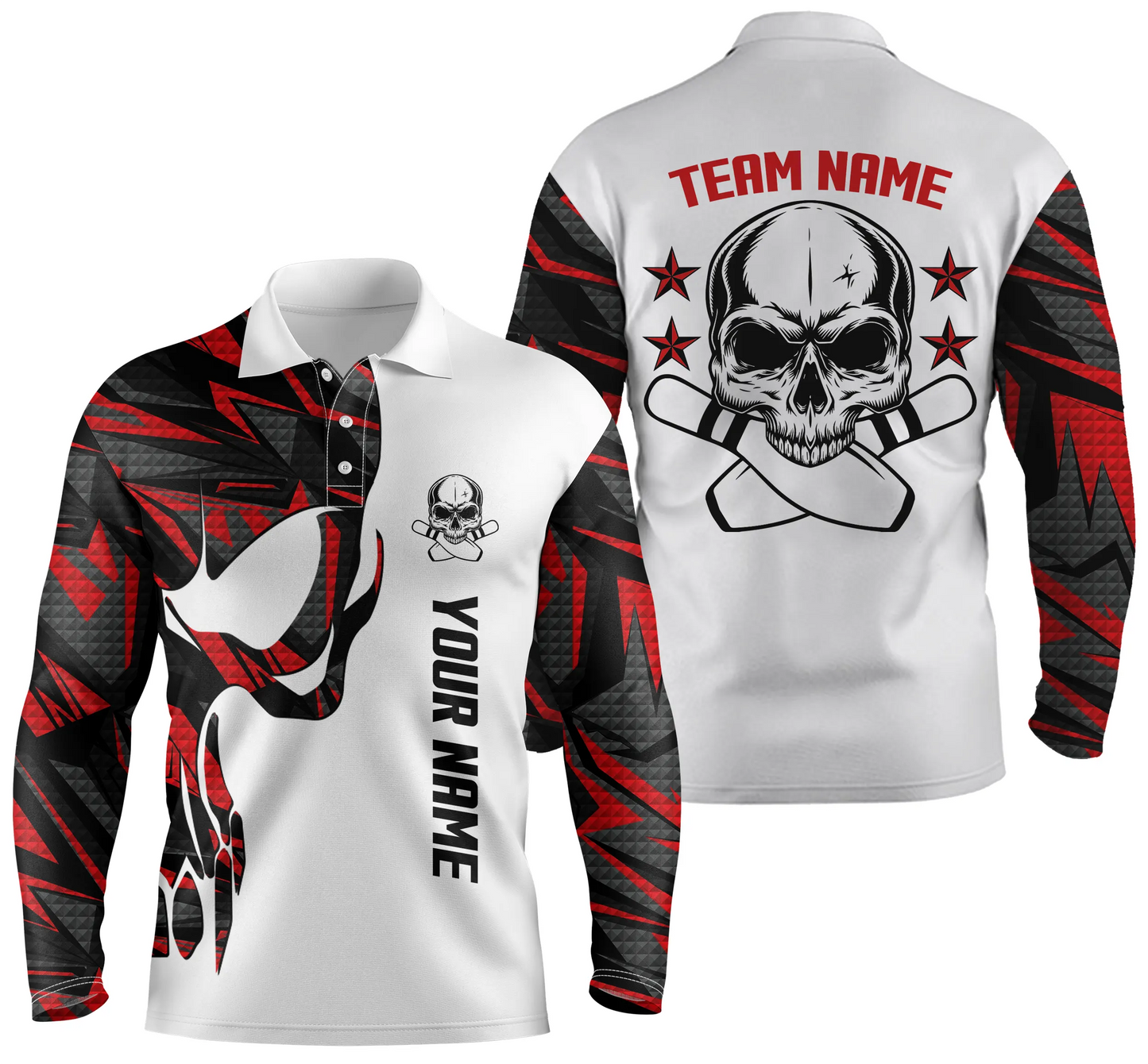 Rot-weiße Bowling-Poloshirts für Männer, personalisierter Name und Teamname, Schädel-Bowling, Team-Bowlinghemden NQS4699