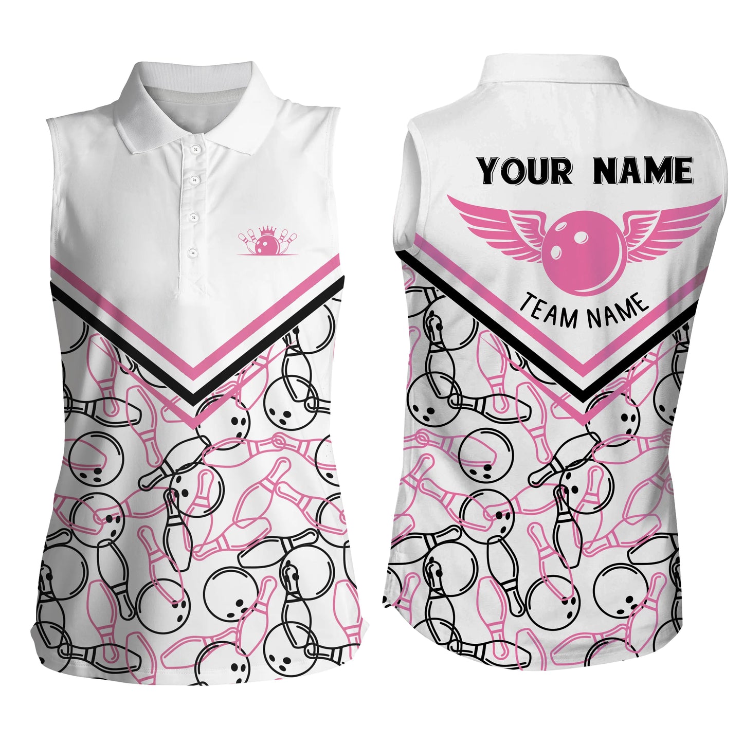 Personalisierte 3D-Bowlinghemden für Frauen, weiß-pinke ärmellose Bowling-Poloshirts für Mädchen NQS4706