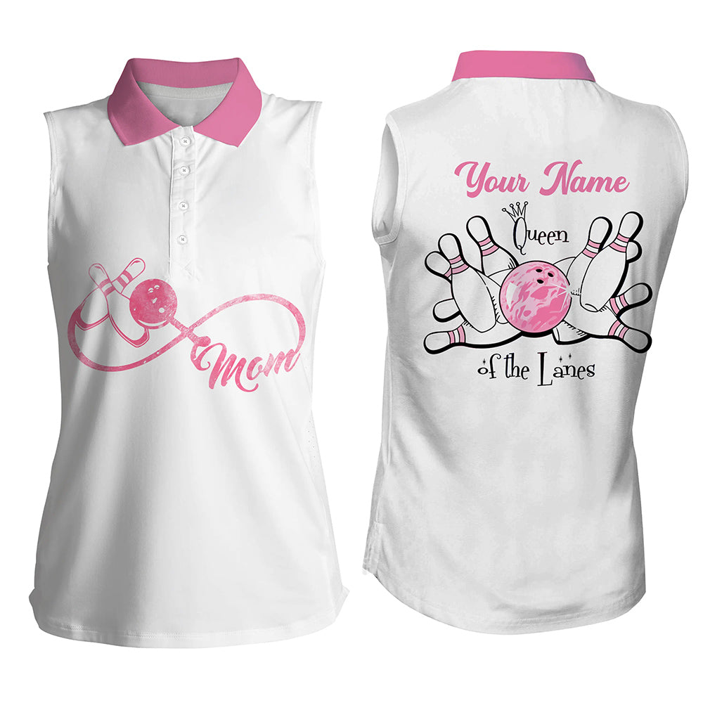 Ärmelloses Bowling-Poloshirt für Damen, personalisiertes Bowlinghemd für Mütter: "Queen of the Lanes", Bowling-Mutter NQS5184