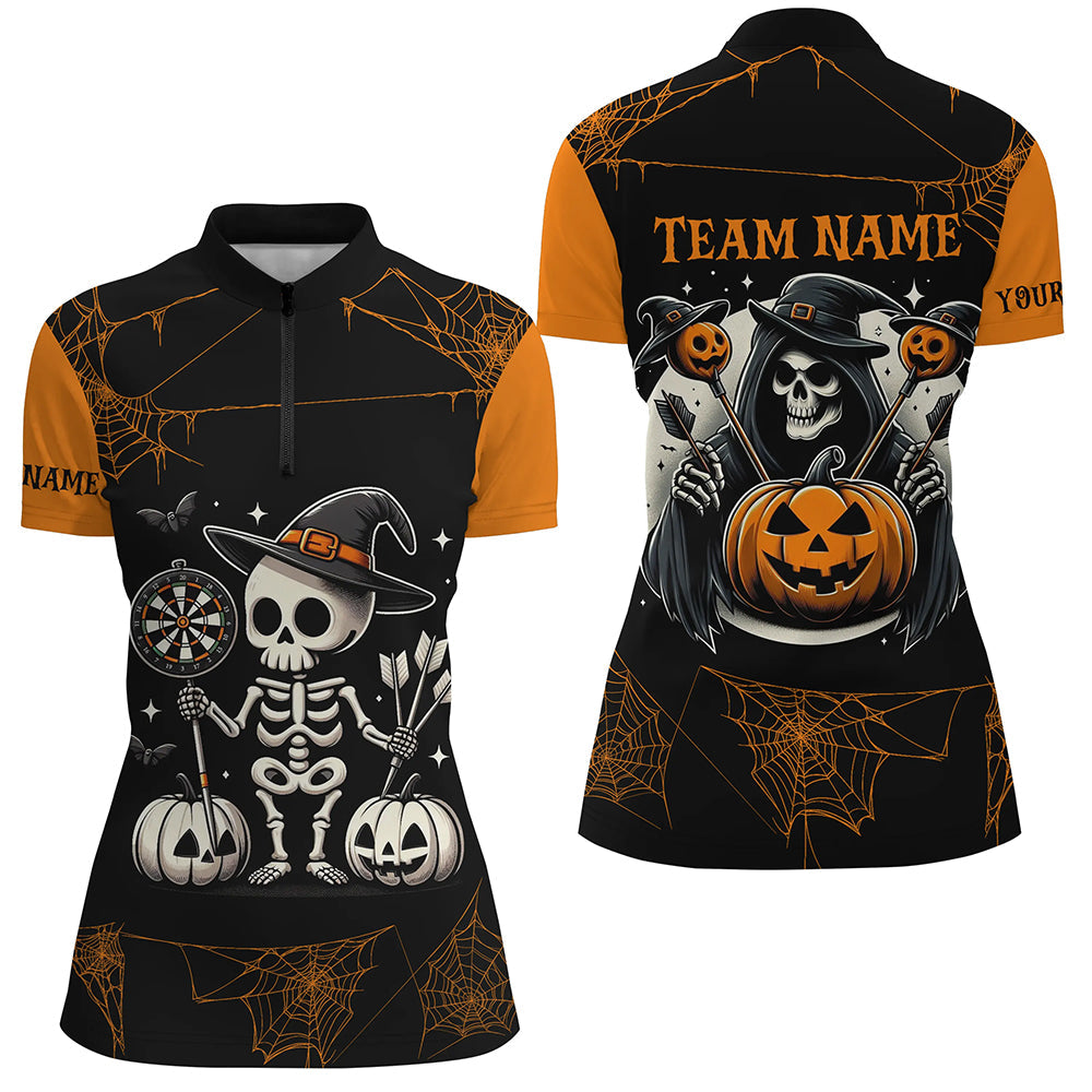 Individuelles Lustiges Skelett Halloween Dart Damen Quarter Zip Shirt, Halloween Dart Trikot TDM2473