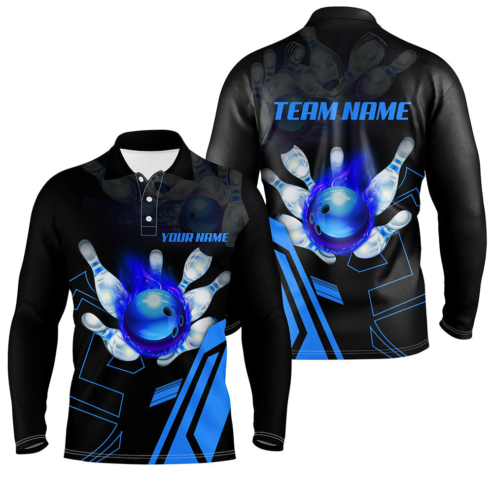 Schwarze Flammen-Bowlingkugel & Pins Trikots – Individuelle Team-Liga-Bowling-Poloshirts für Herren | Blau NQS6557