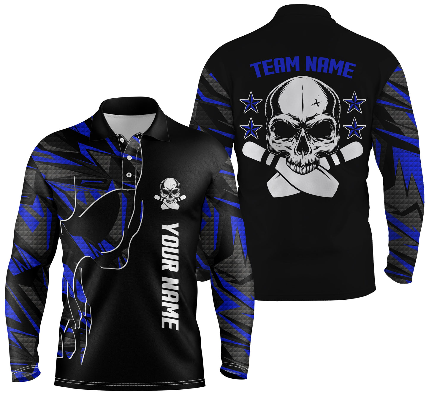 Bowling-Poloshirts für Männer, personalisierter Name und Teamname, Schädel-Bowling, Team-Bowlinghemden | Blau NQS4553