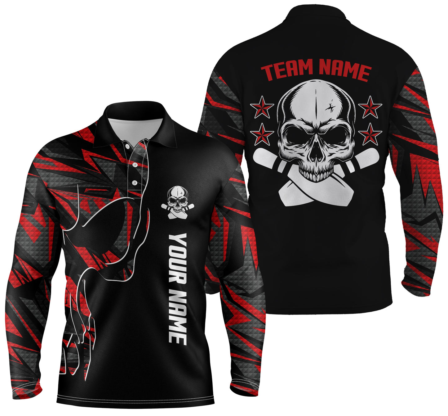 Bowling-Poloshirts für Männer, personalisierter Name und Teamname, Schädel-Bowling, Team-Bowlinghemden | Rot NQS4553