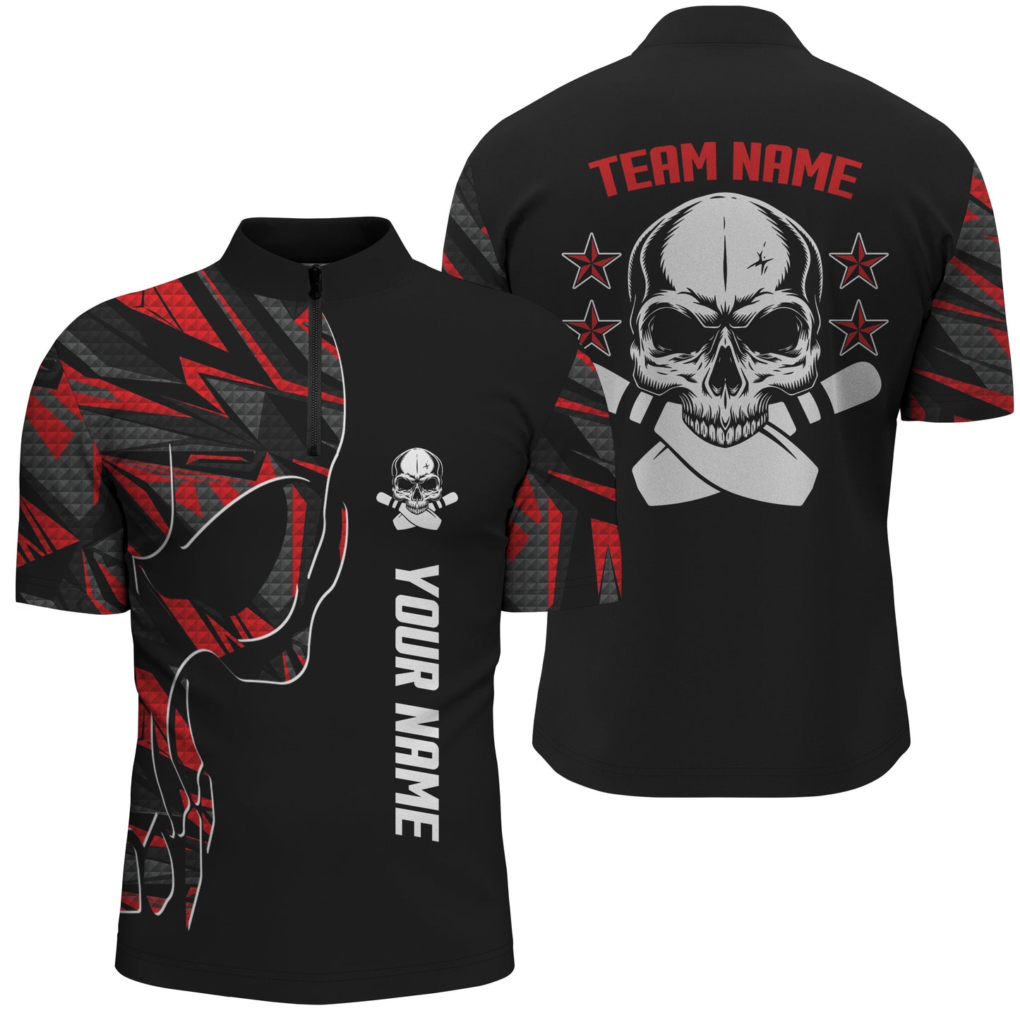 Bowling-Hemd mit Viertelreißverschluss für Männer, personalisierter Name und Teamname, Schädel-Bowling, Team-Bowlinghemden | Rot NQS4553