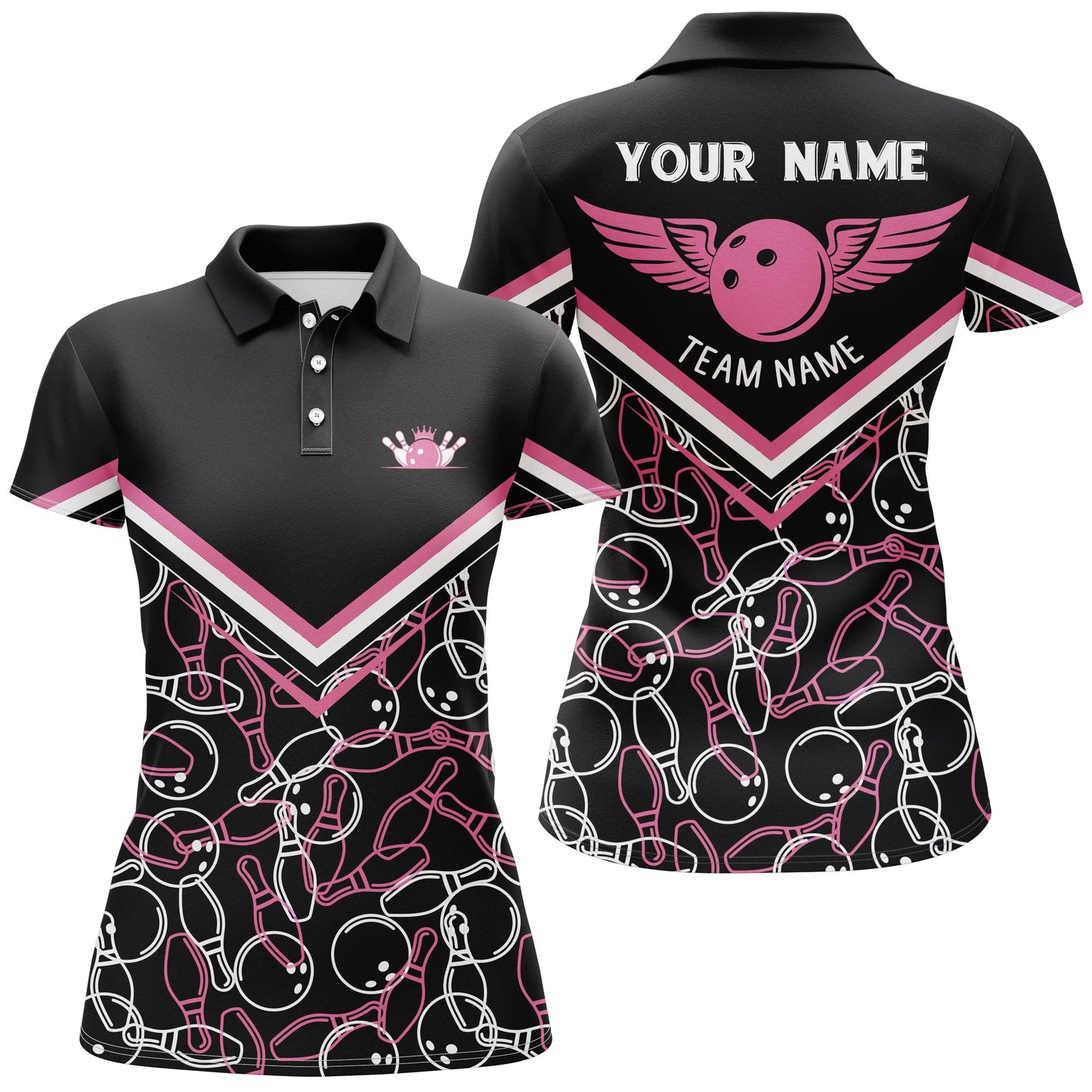 Personalisierte 3D-Bowlinghemden für Damen, maßgeschneiderte pinkfarbene Kurzarm-Polo-Bowlinghemden für Mädchen NQS4555